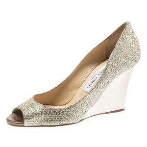JIMMY CHOO Metallic Champagne Glitter Baxen Peep Toe Wedge 39.5